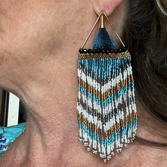 Beaded Fringe Earrings Artisan Handmade Egyptian Long Post Drop Tassel Dangles - Picture 3 of 5